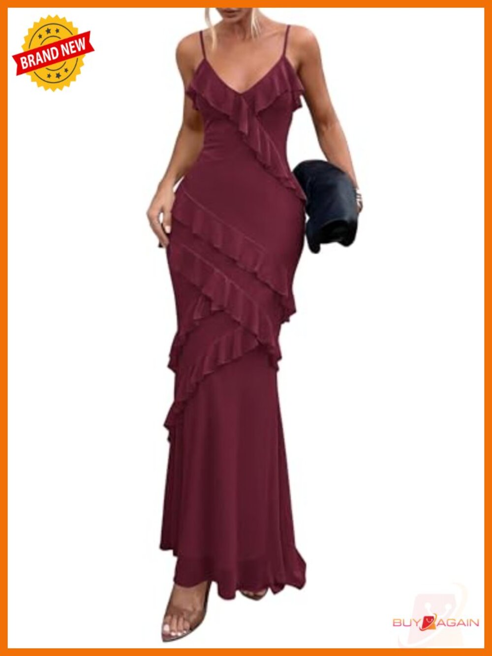 Women's Spaghetti Strap V Neck Bodycon Mesh Maxi Dress Sleeveless Ruffle
